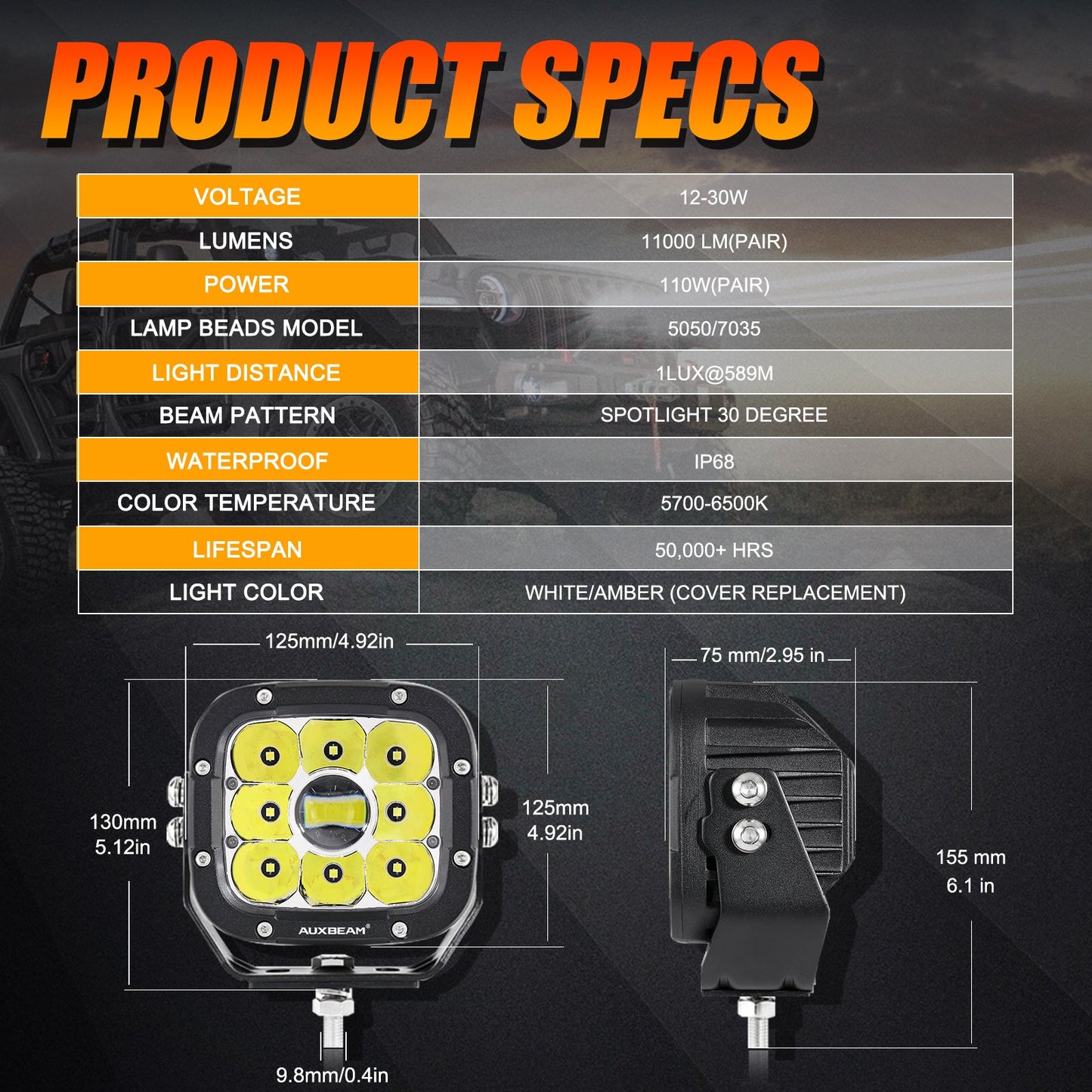 Auxbeam 5 INCH 110W WHITE/AMBER LED DRIVING LIGHTS PODS LIGHT FOR SUV JEEP FORD OFF-ROAD PICKUP TRUCK TRACTOR
