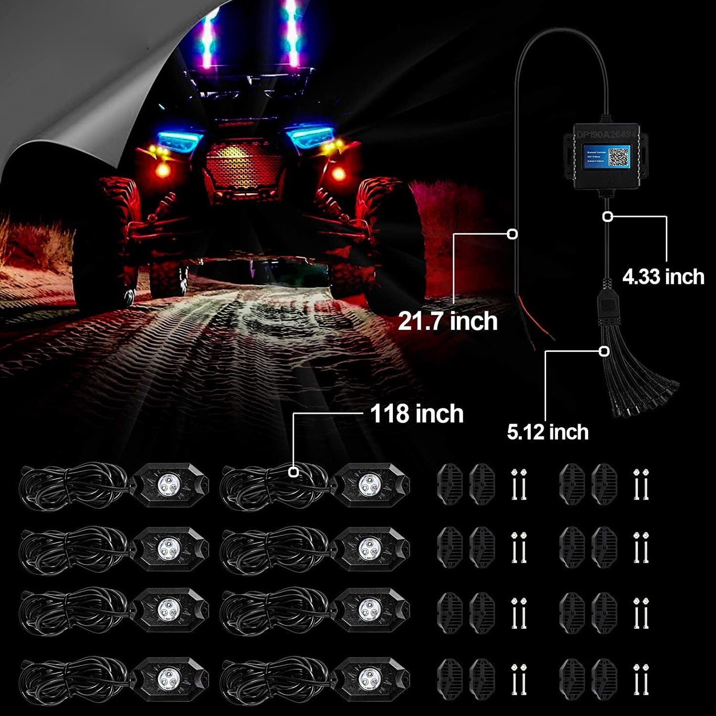 8 PCS/SET RGB LED ROCK LIGHT SET WITH BLUETOOTH CONTROLLER FOR ATV UTV