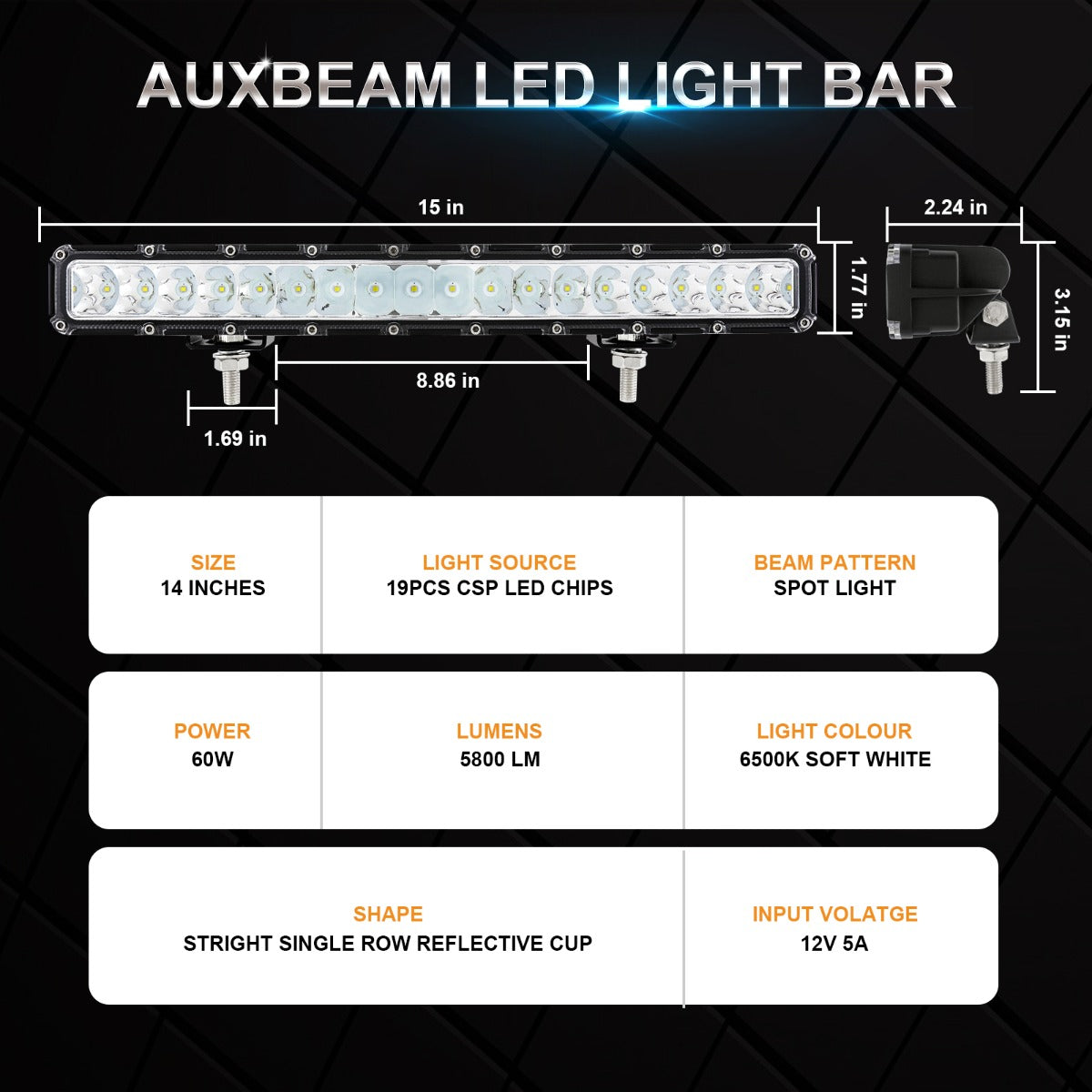 14 INCH 60W SPOT BEAM SINGLE ROW LED LIGHT BAR 5800LM WITH HARNESS KIT
