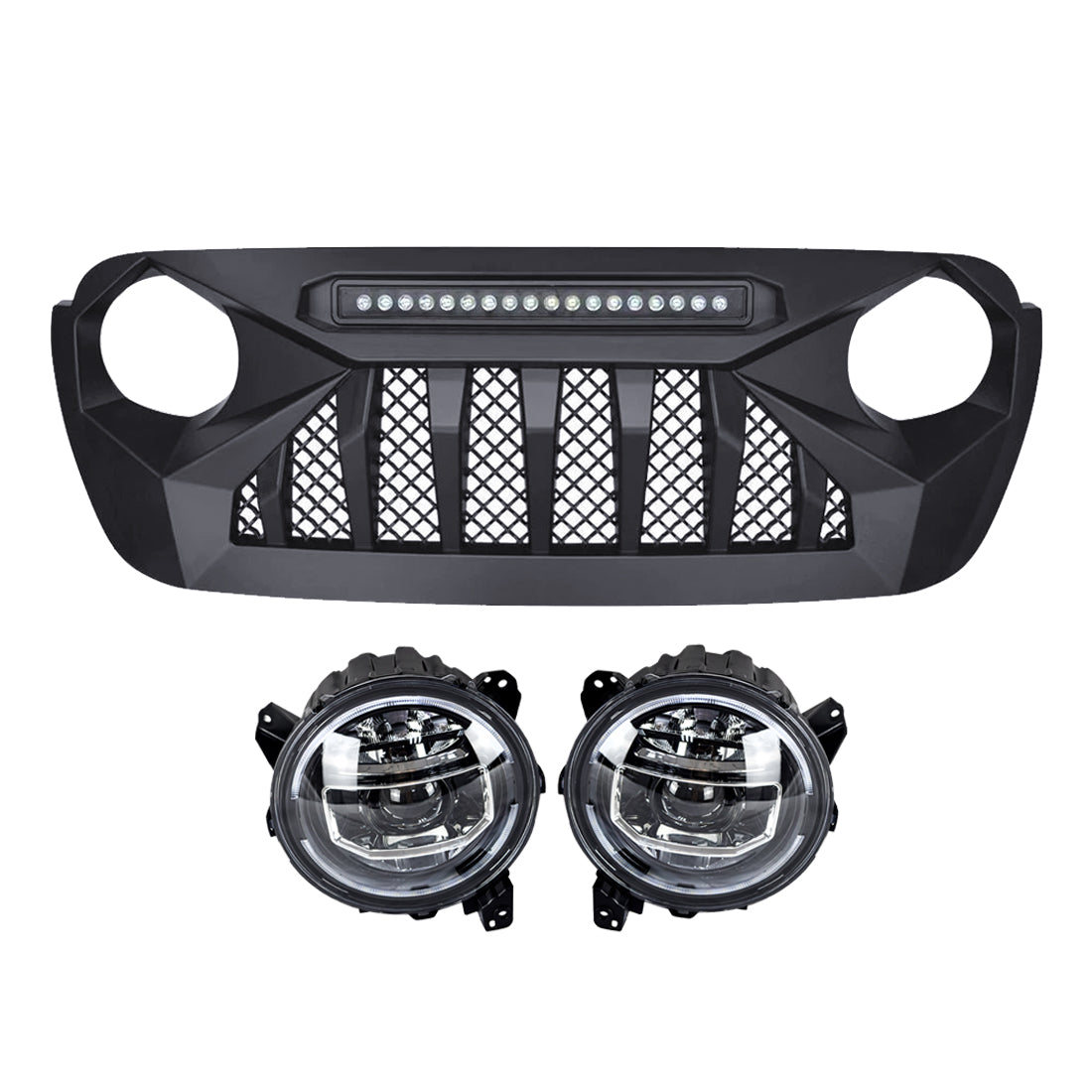 9 INCH LED HALO HEADLIGHTS & DEMON GRILLE W/LED OFF-ROAD LIGHTS COMBO FOR 18-23 JEEP WRANGLER JL & GLADIATOR JT