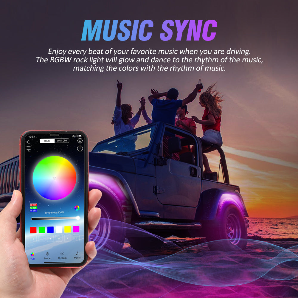 RGBW LED ROCK LIGHTS KIT WITH BLUETOOTH APP & WIRELESS REMOTE CONTROL, MULTICOLOR NEON UNDERGLOW LIGHTS WITH BRAKE LIGHT FUNCTION