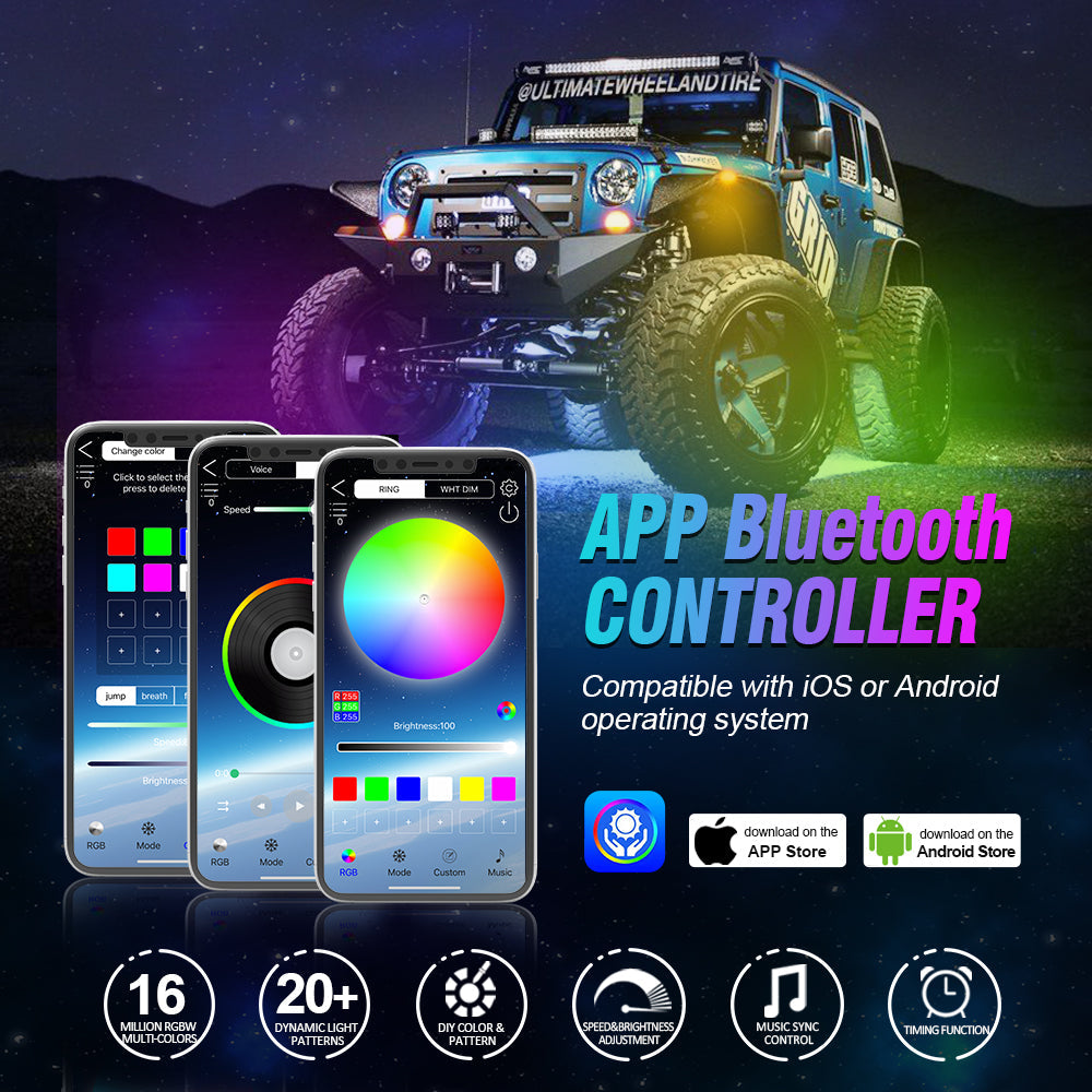 RGBW LED ROCK LIGHTS KIT WITH BLUETOOTH APP & WIRELESS REMOTE CONTROL, MULTICOLOR NEON UNDERGLOW LIGHTS WITH BRAKE LIGHT FUNCTION