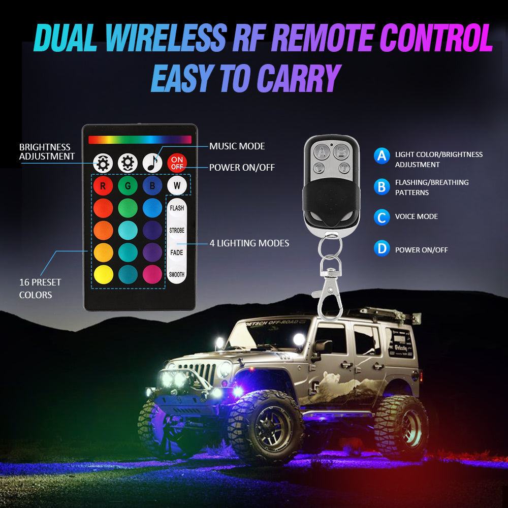 RGBW LED ROCK LIGHTS KIT WITH BLUETOOTH APP & WIRELESS REMOTE CONTROL, MULTICOLOR NEON UNDERGLOW LIGHTS WITH BRAKE LIGHT FUNCTION
