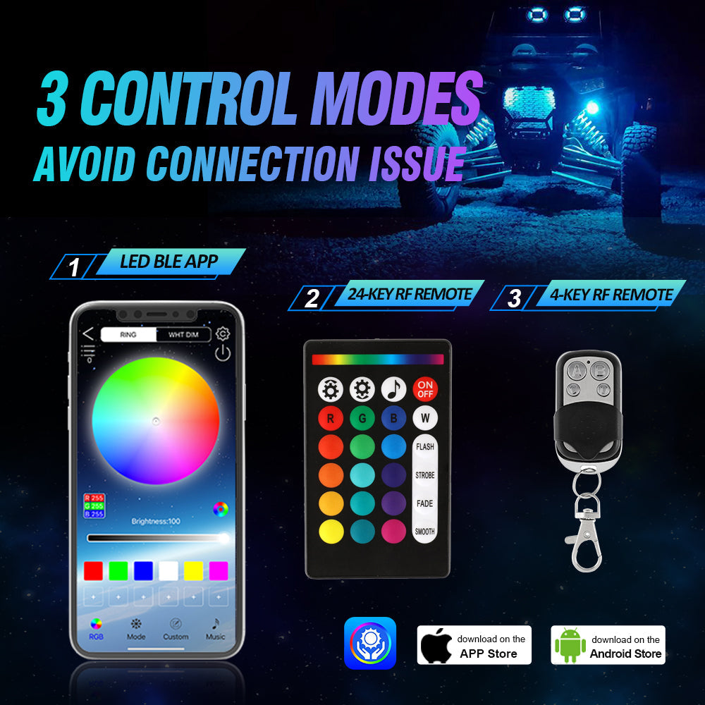 RGBW LED ROCK LIGHTS KIT WITH BLUETOOTH APP & WIRELESS REMOTE CONTROL, MULTICOLOR NEON UNDERGLOW LIGHTS WITH BRAKE LIGHT FUNCTION