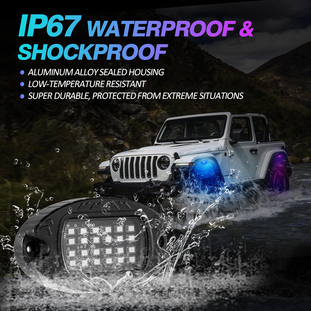 RGBW LED ROCK LIGHTS KIT WITH BLUETOOTH APP & WIRELESS REMOTE CONTROL, MULTICOLOR NEON UNDERGLOW LIGHTS WITH BRAKE LIGHT FUNCTION