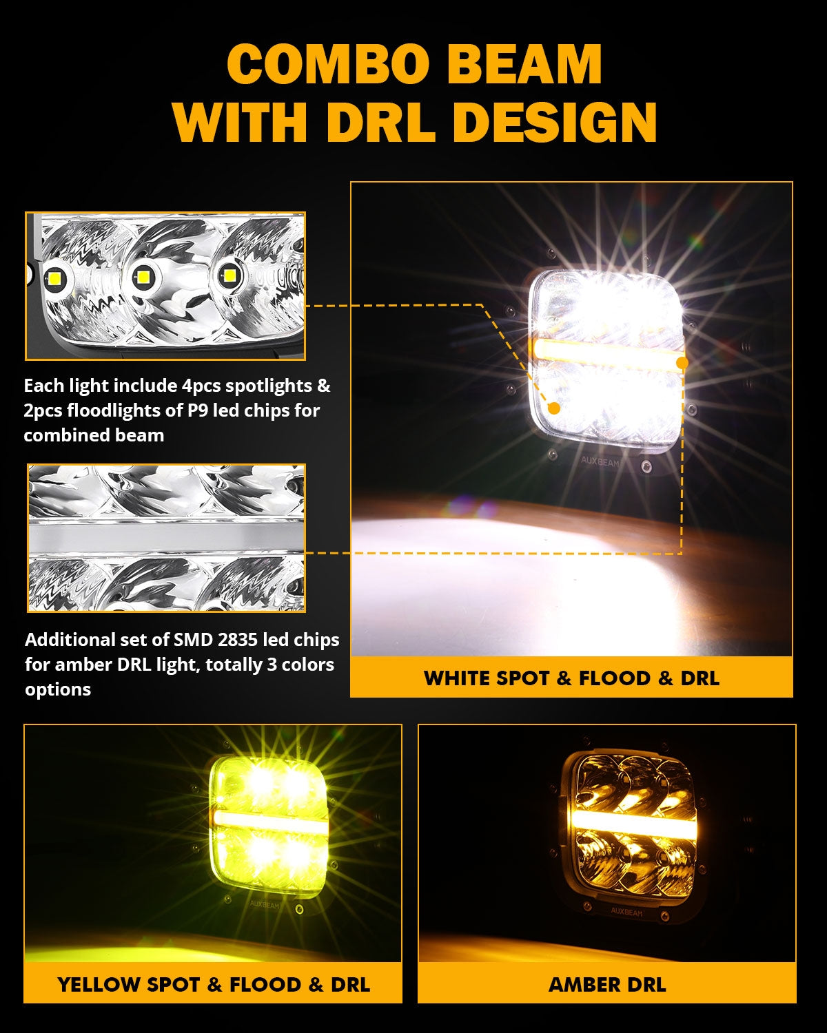 Auxbeam 5 INCH 110W WHITE/AMBER LED DRIVING LIGHTS PODS LIGHT FOR SUV JEEP FORD OFF-ROAD PICKUP TRUCK TRACTOR