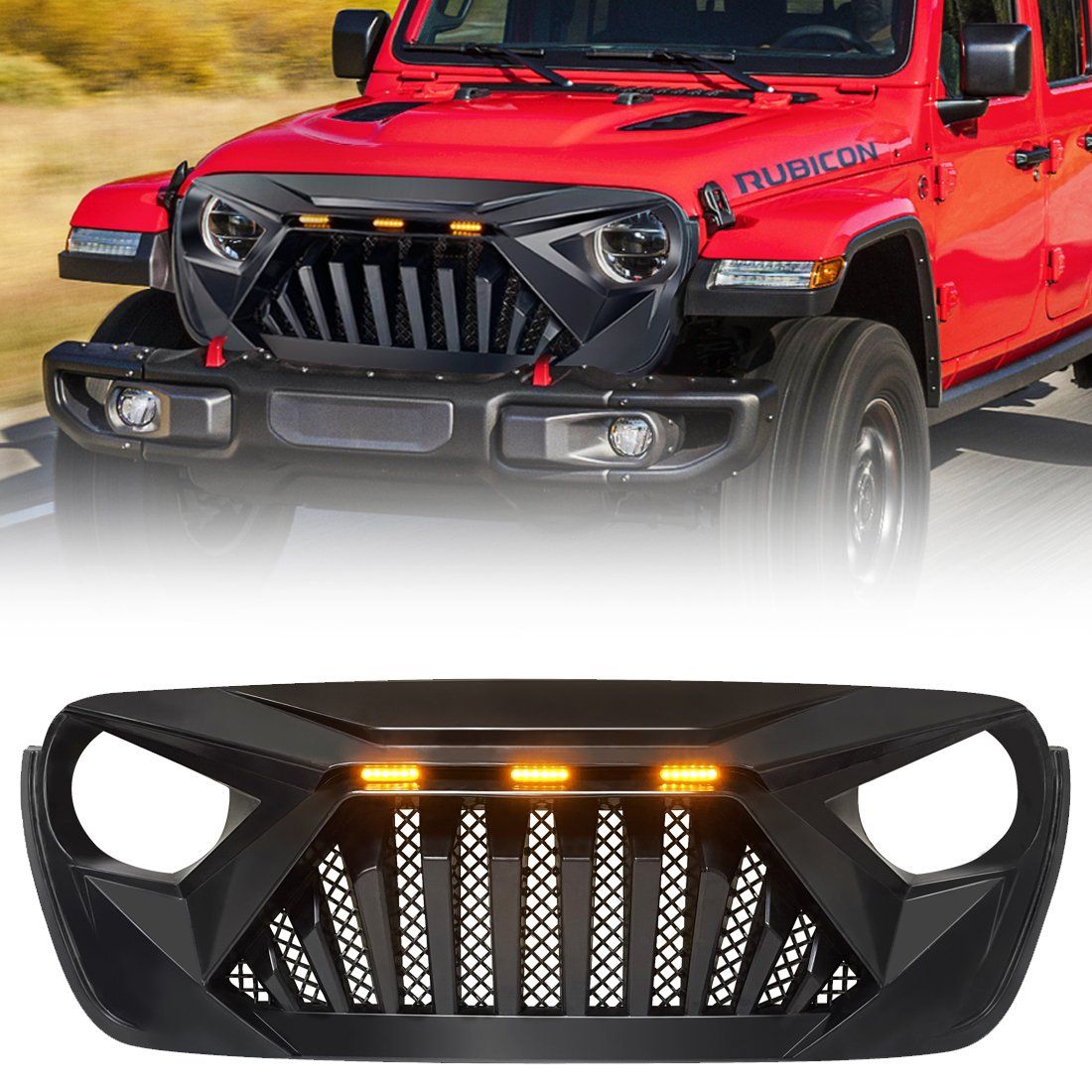 GOLIATH GRILLE W/ AMBER LED RUNNING LIGHTS FOR 18-23 JEEP WRANGLER JL & GLADIATOR JT - MATTE BLACK
