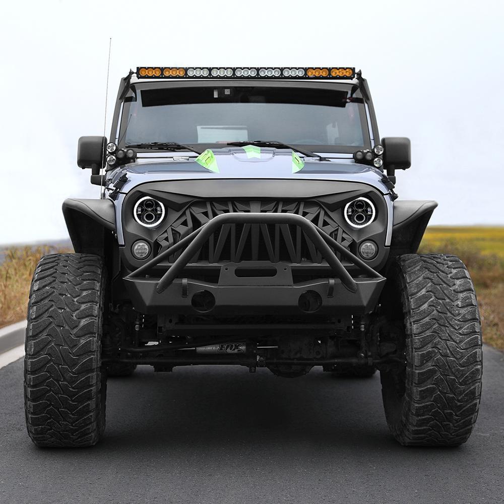 HALO HEADLIGHTS & SHARK GRILLE COMBO FOR 07-18 WRANGLER JK