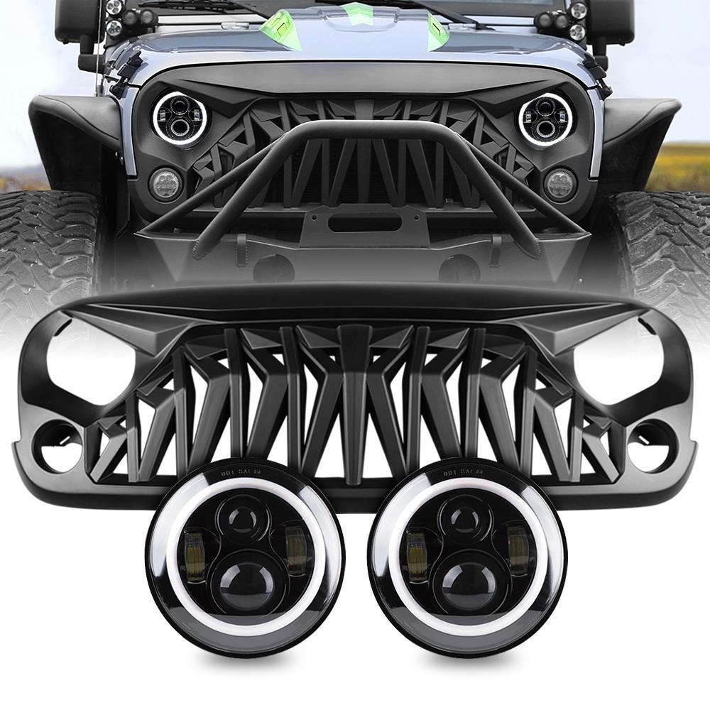 HALO HEADLIGHTS & SHARK GRILLE COMBO FOR 07-18 WRANGLER JK