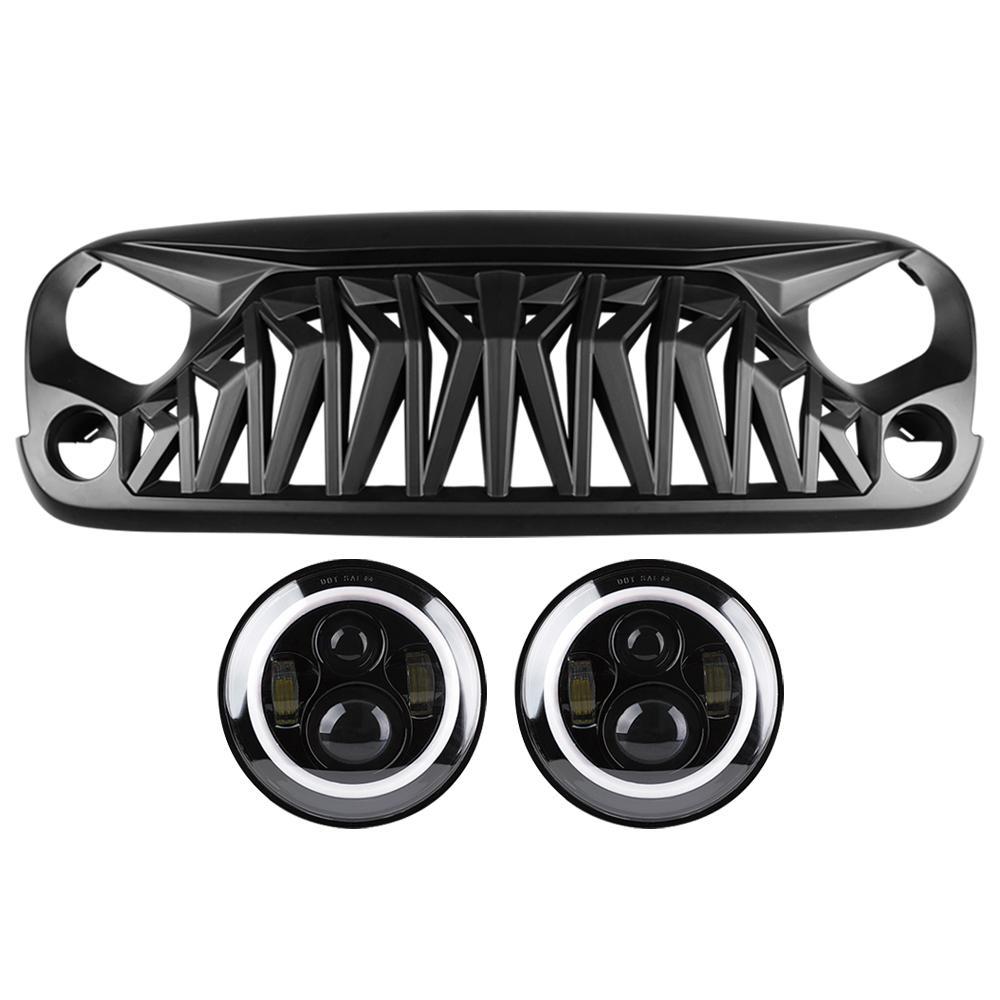 HALO HEADLIGHTS & SHARK GRILLE COMBO FOR 07-18 WRANGLER JK