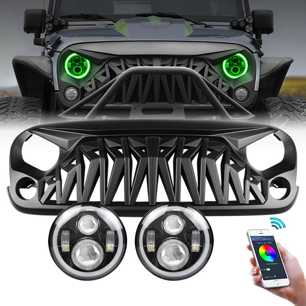 RGB HALO HEADLIGHTS & SHARK GRILLES COMBO FOR JEEP WRANGLER JK/ JKU