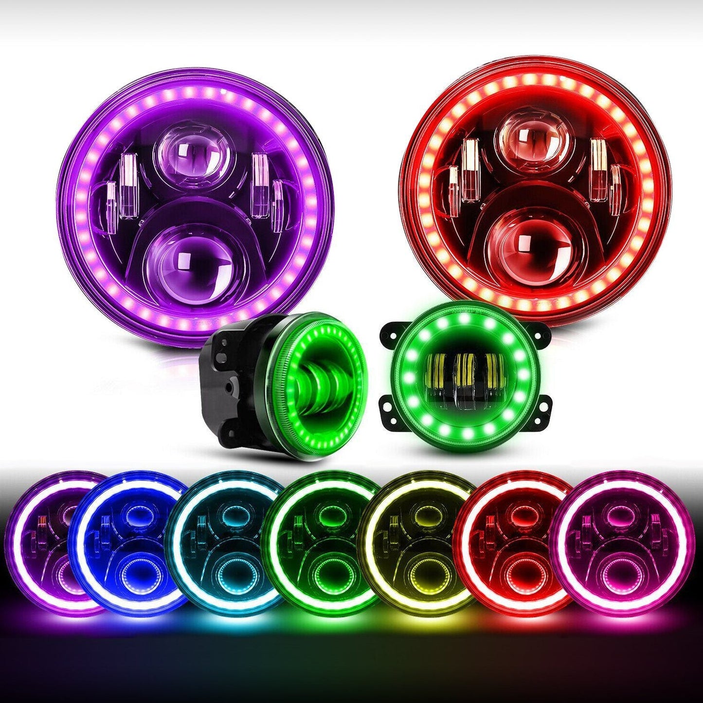 SHARK GRILLE & RGB HALO HEADLIGHTS & RGB HALO FOG LIGHTS COMBO FOR JEEP WRANGLER JK