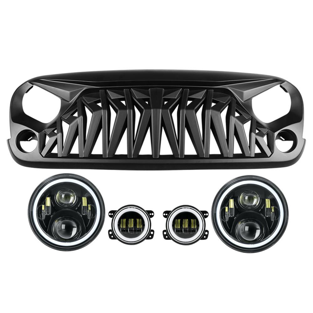 SHARK GRILLE & RGB HALO HEADLIGHTS & RGB HALO FOG LIGHTS COMBO FOR JEEP WRANGLER JK