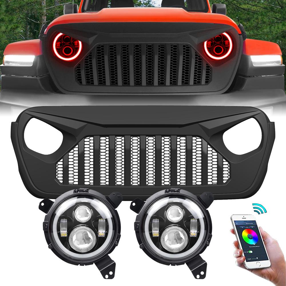 VADER GRILLE W/ MESH & RGB HALO HEADLIGHTS COMBO FOR 18-23 WRANGLER JL& GLADIATOR JT
