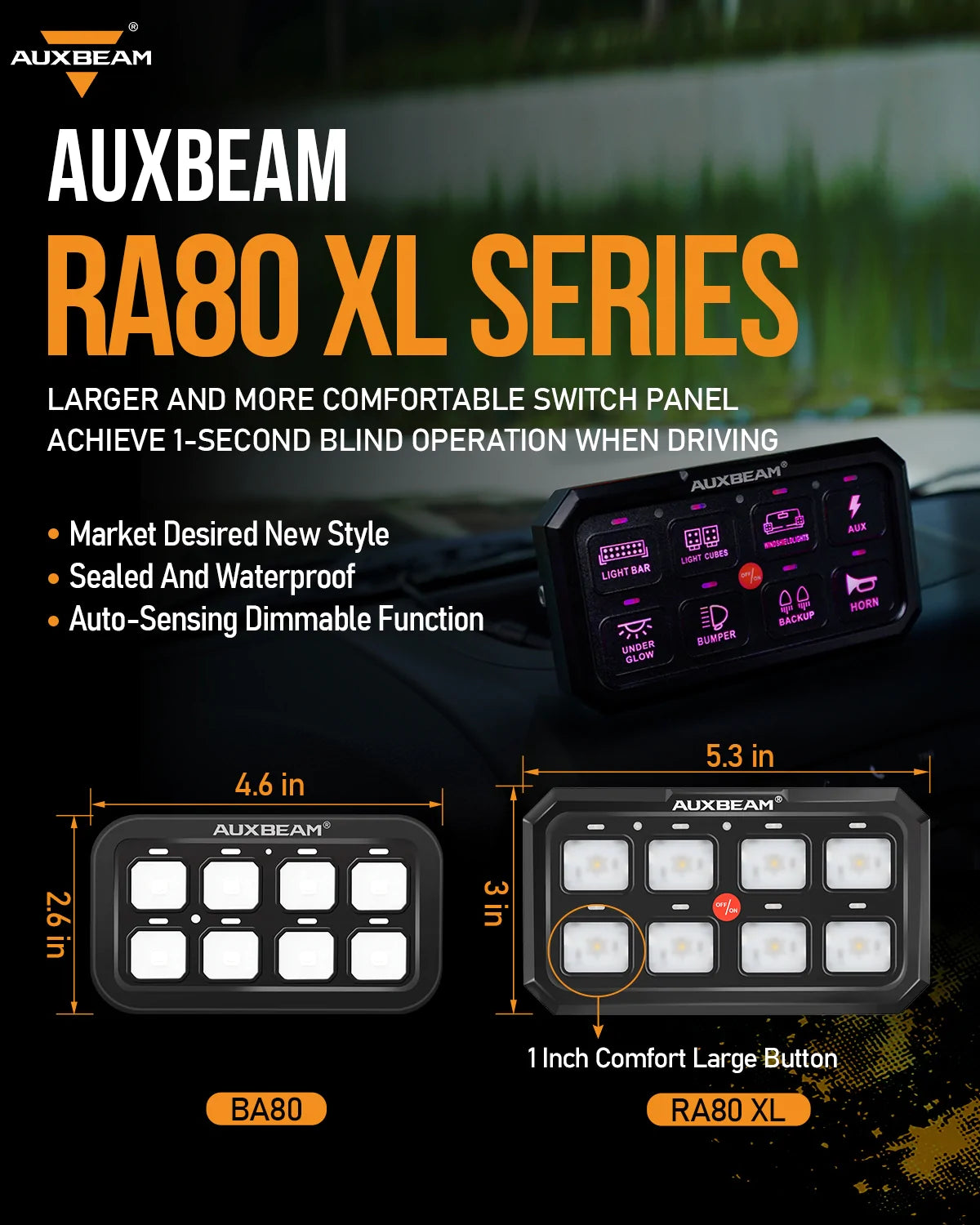 RA80 XL RGB SWITCH PANEL, LARGER SIZE, TOGGLE/ MOMENTARY/ PULSED MODE SUPPORTED