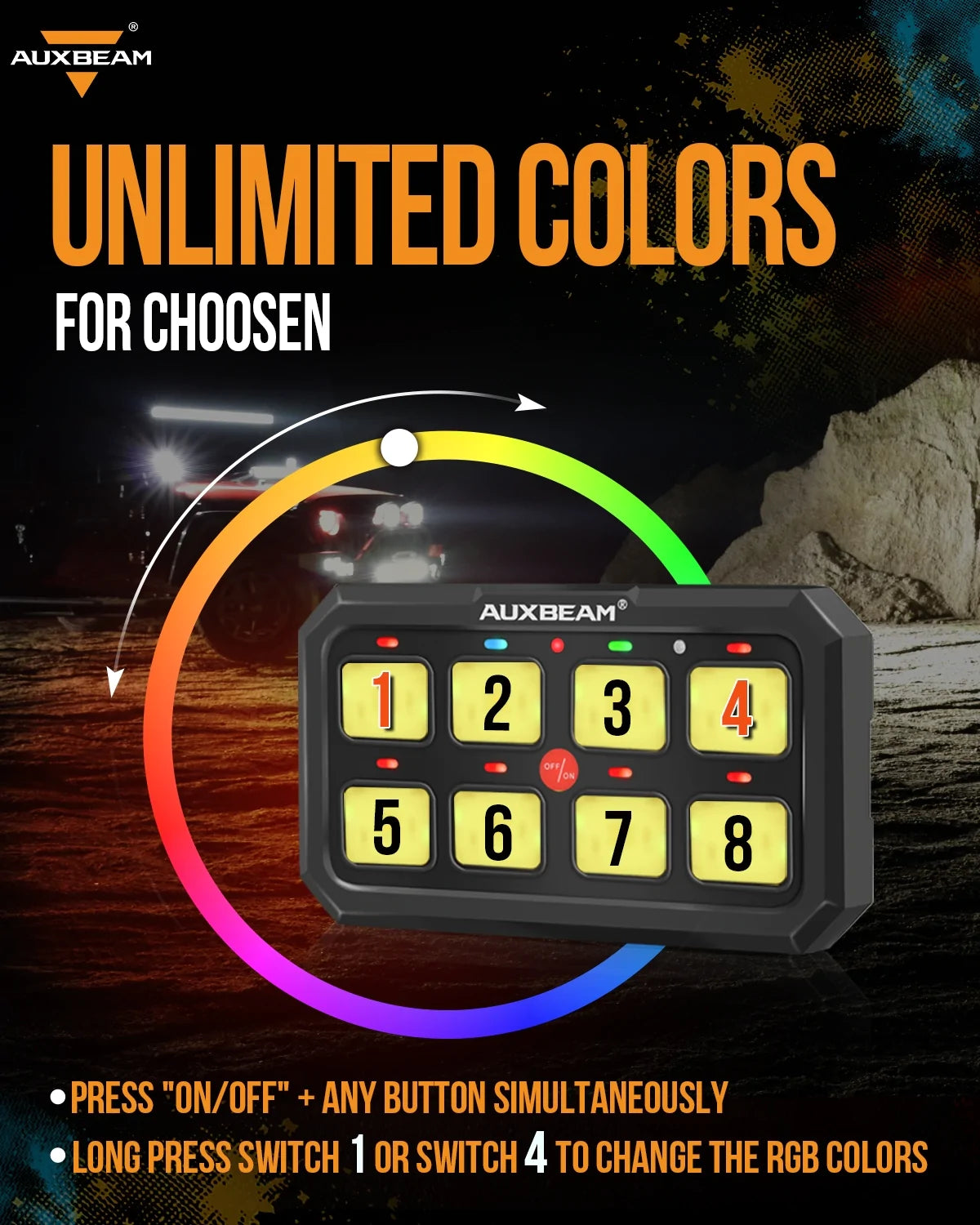 RA80 XL RGB SWITCH PANEL, LARGER SIZE, TOGGLE/ MOMENTARY/ PULSED MODE SUPPORTED