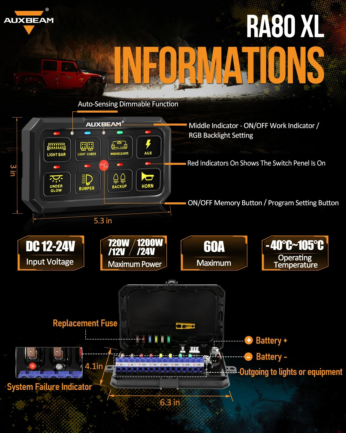 RA80 XL RGB SWITCH PANEL, LARGER SIZE, TOGGLE/ MOMENTARY/ PULSED MODE SUPPORTED