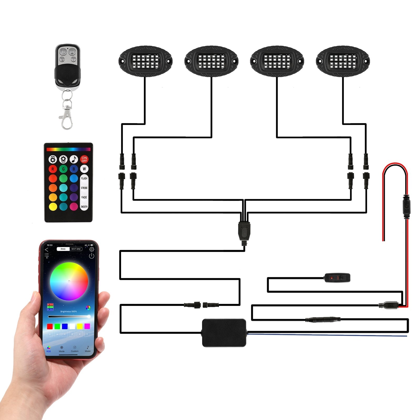 NEWEST! RGBW LED ROCK LIGHTS KIT WITH BLUETOOTH APP & WIRELESS REMOTE CONTROL, MULTICOLOR NEON UNDERGLOW LIGHTS WITH BRAKE LIGHT FUNCTION FOR ATV UTV