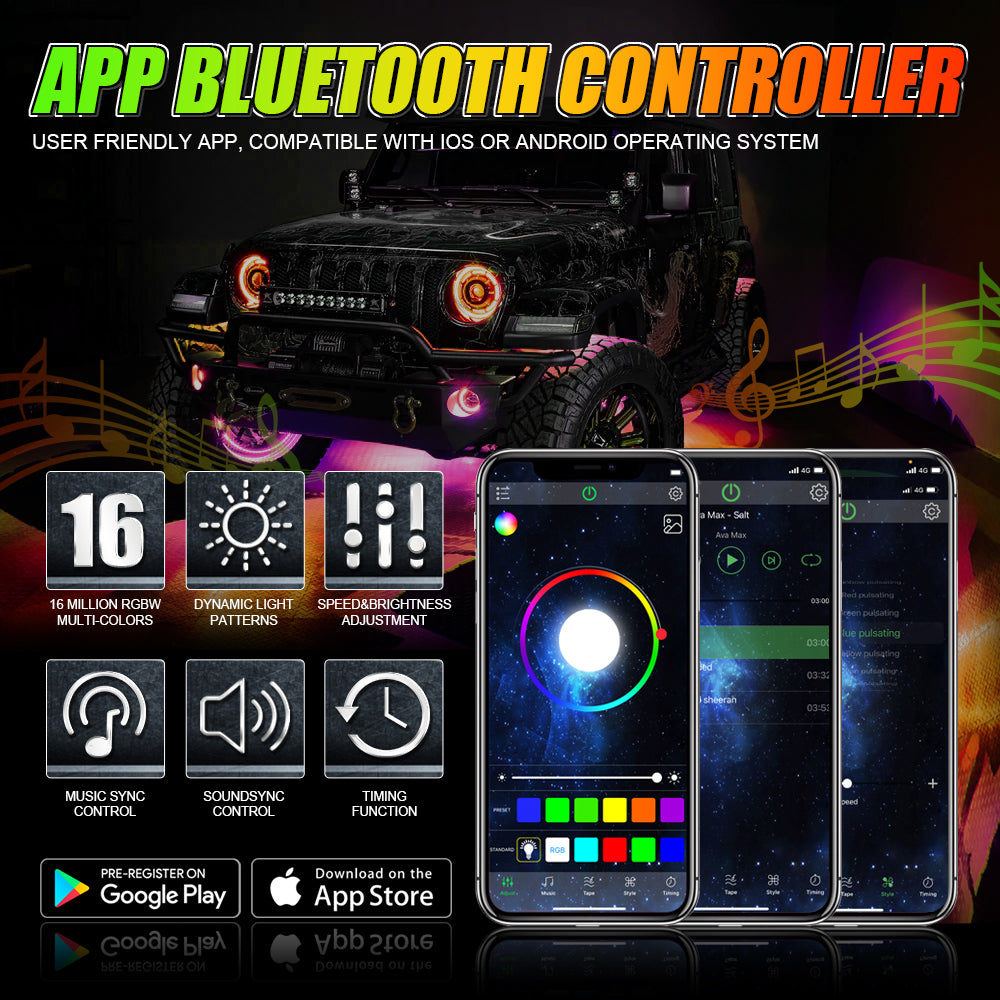 8 MAGIC DREAM COLOR RGB UNDERGLOW LIGHTS LED STRIP LIGHTS KIT WITH BLUETOOTH APP & WIRELESS REMOTE CONTROL WITH BRAKE LIGHT FUNCTION FOR ATV UTV