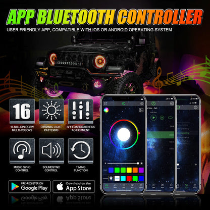 8 MAGIC DREAM COLOR RGB UNDERGLOW LIGHTS LED STRIP LIGHTS KIT WITH BLUETOOTH APP & WIRELESS REMOTE CONTROL WITH BRAKE LIGHT FUNCTION FOR ATV UTV