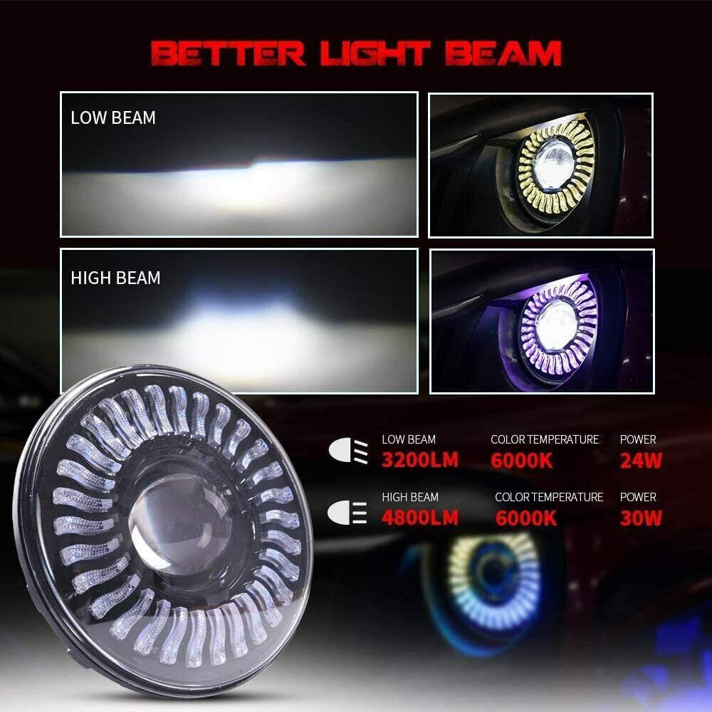 7 INCH LED DEMON HALO HEADLIGHTS RGB COMBO CHASING FOR JEEP WRANGLER JK JKU TJ