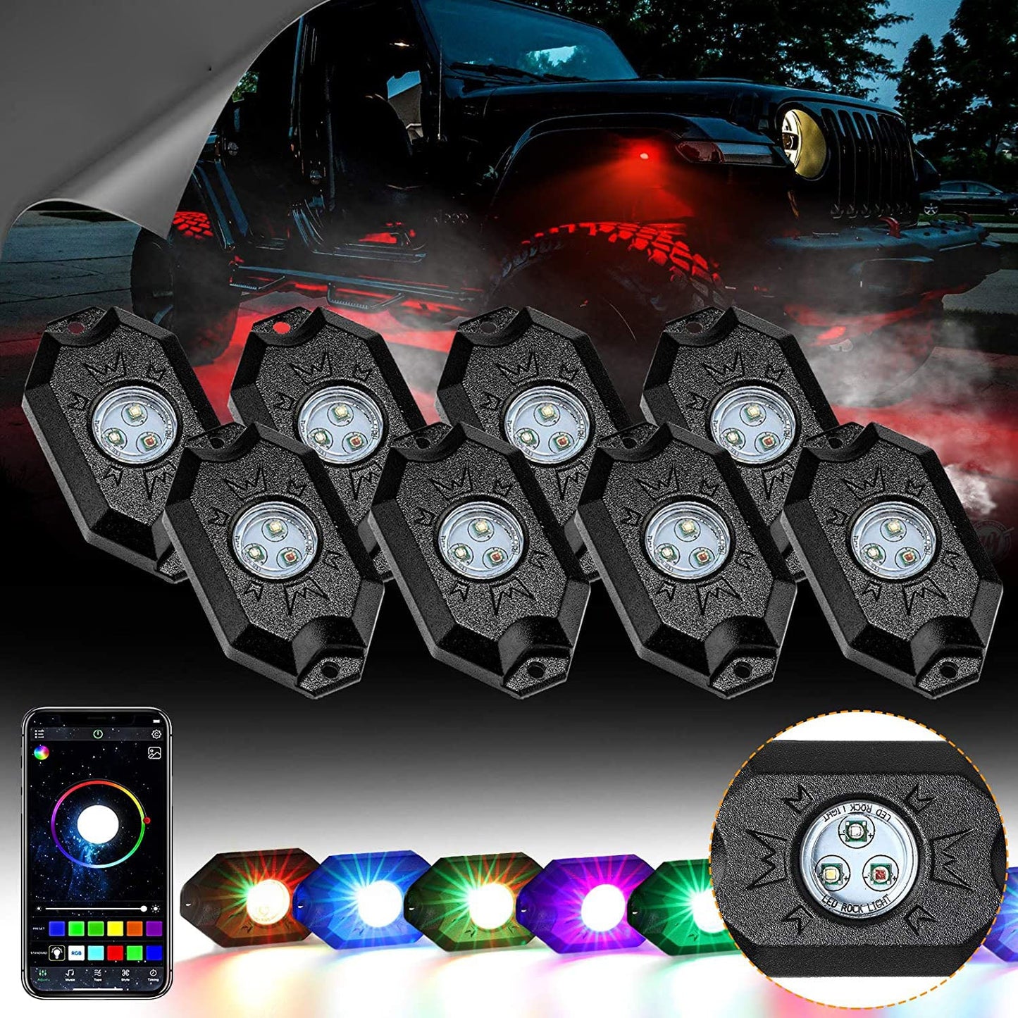 12PCS SET, RGB LED ROCK LIGHT SET WITH BLUETOOTH CONTROLLER