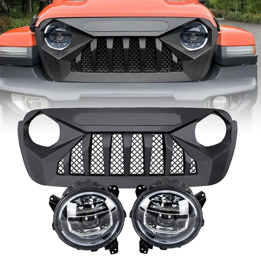 9 INCH LED HALO HEADLIGHTS & DEMON GRILLE W/ MESH COMBO FOR 18-23 JEEP WRANGLER JL & GLADIATOR JT