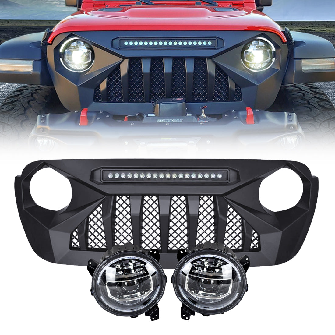 9 INCH LED HALO HEADLIGHTS & DEMON GRILLE W/LED OFF-ROAD LIGHTS COMBO FOR 18-23 JEEP WRANGLER JL & GLADIATOR JT