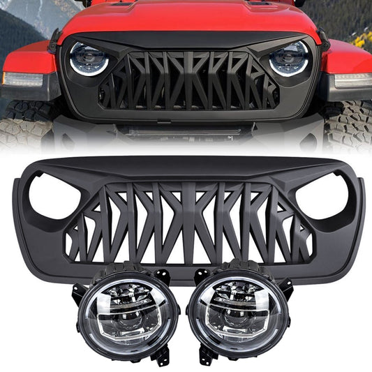 9 INCH LED HALO HEADLIGHTS & SHARK GRILLE COMBO FOR 18-23 JEEP WRANGLER JL & GLADIATOR JT
