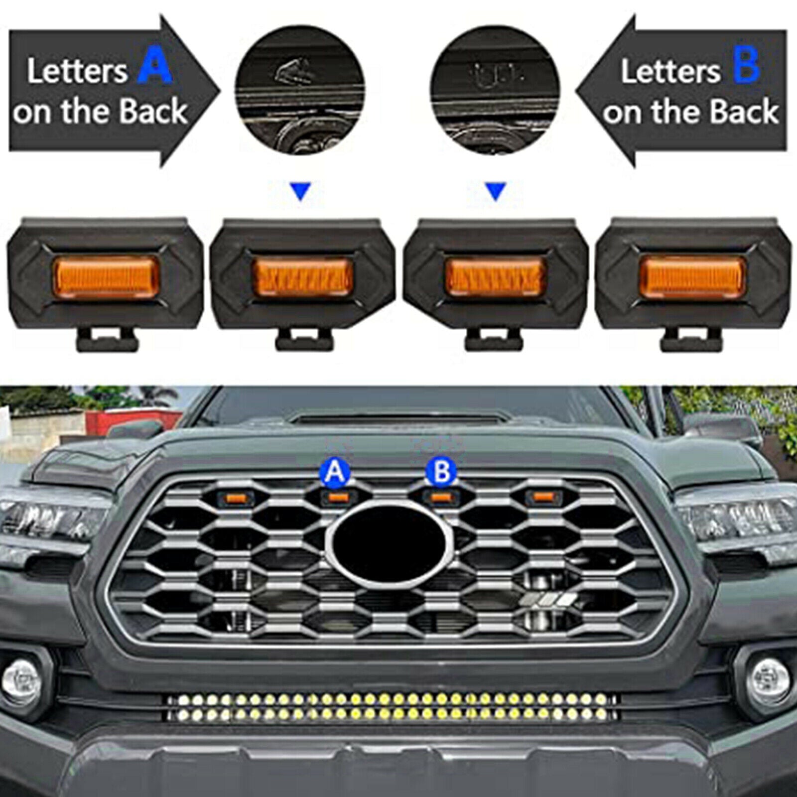 (4PCS/SET) LED FRONT GRILLE LIGHTS AMBER LIGHT FOR TOYOTA TACOMA 2020-2022 TRD OFF ROAD/TRD SPORT (YELLOW SHELL)