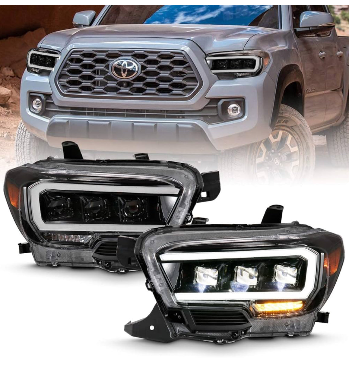ANZO USA 111496 TOYOTA TACOMA 16-22 LED PROJECTOR HEADLIGHTS PLANK STYLE BLACK W/AMBER (FOR HALOGEN DRL)