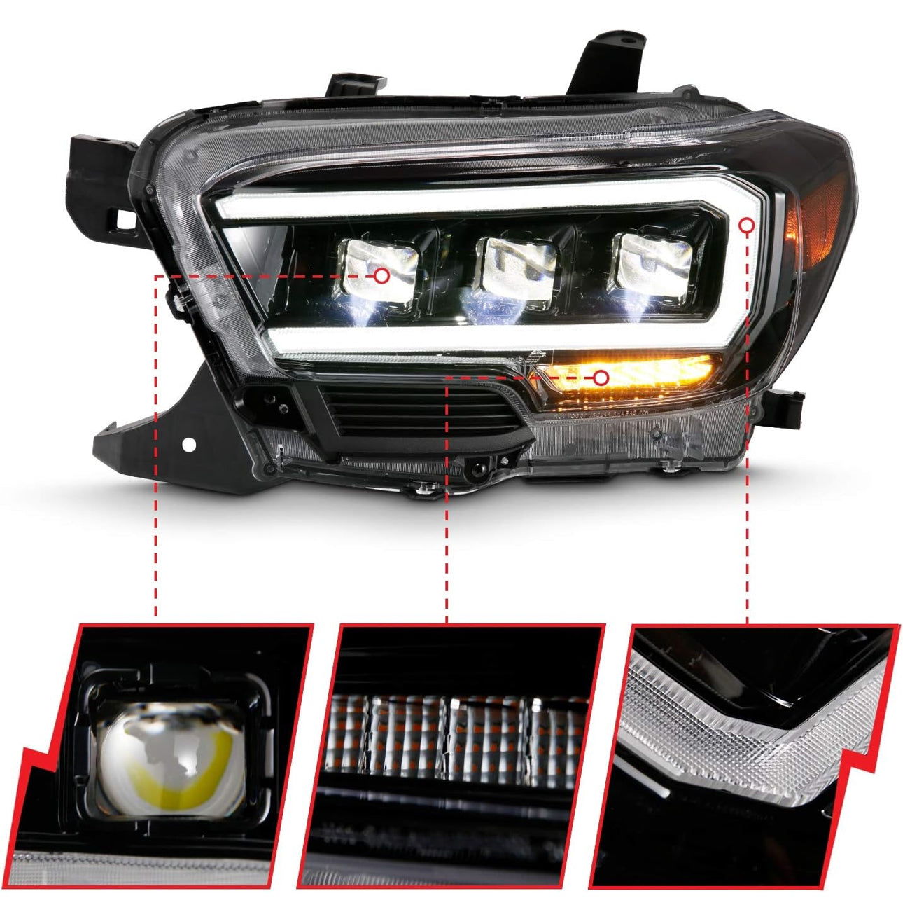 ANZO USA 111496 TOYOTA TACOMA 16-22 LED PROJECTOR HEADLIGHTS PLANK STYLE BLACK W/AMBER (FOR HALOGEN DRL)