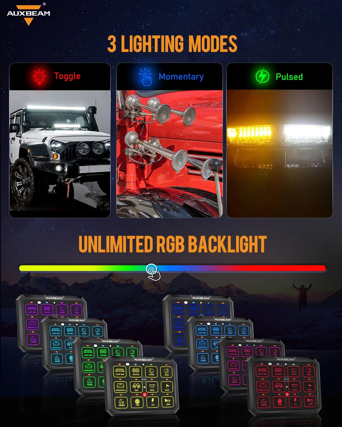 AC SERIES 8 GANG RGB SWITCH PANEL WITH APP&REMOTE CONTROL, TOGGLE/ MOMENTARY/ PULSED MODE SUPPORTED(ONE-SIDED OUTLET)