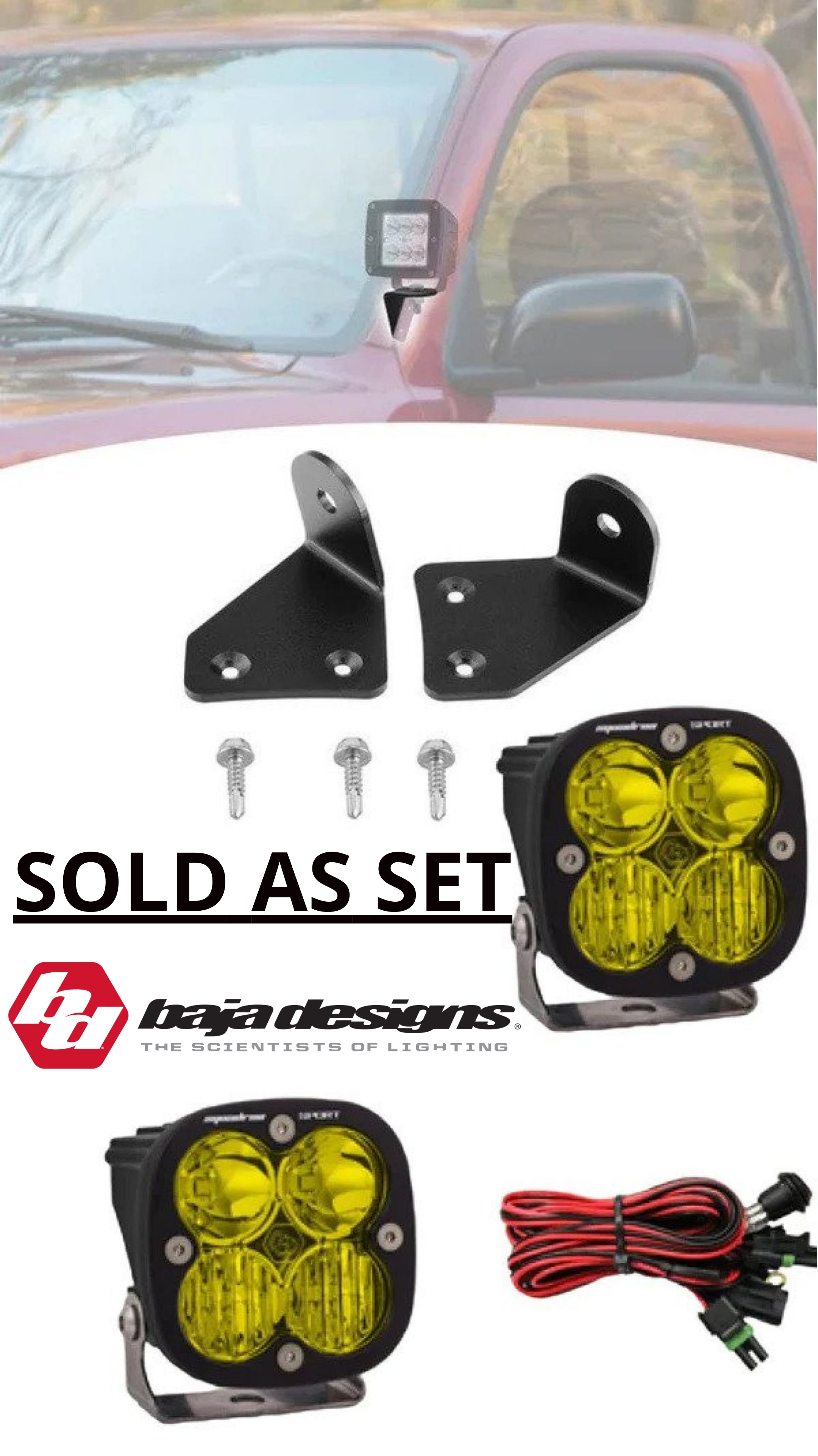 SET - BAJA DESIGNS SQUADRON SPORT DRIVING/COMBO PAIR LED LIGHT PODS - AMBER + TACOMA Hood ditch Light  Mount Bracket