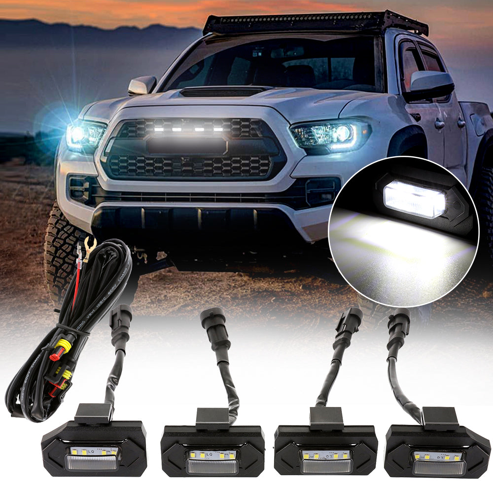 (4PCS/SET) LED FRONT GRILLE LIGHTS WHITE LIGHT FOR TOYOTA TACOMA 2020-2021 TRD OFF ROAD/TRD SPORT (SMOKED SHELL)