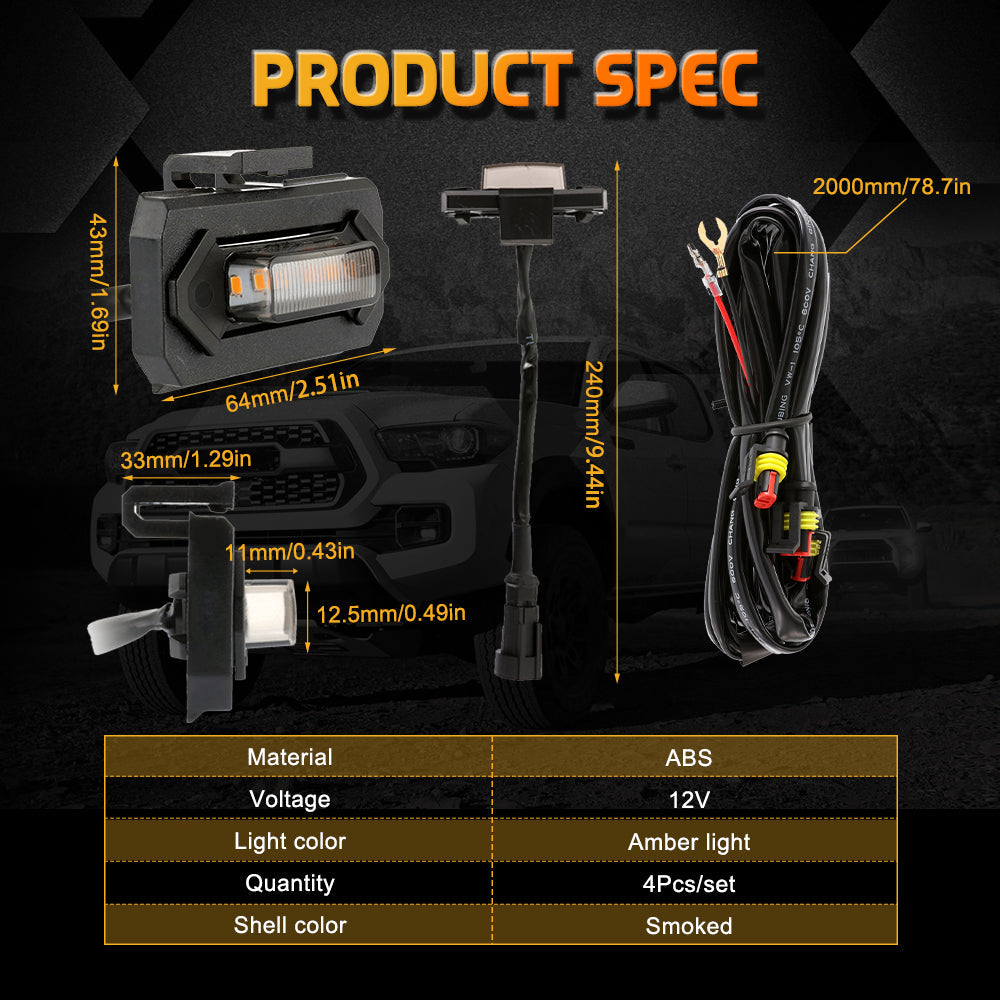 (4PCS/SET) LED FRONT GRILLE LIGHTS AMBER LIGHT FOR TOYOTA TACOMA 2020-2021 TRD OFF ROAD/TRD SPORT (SMOKED SHELL)