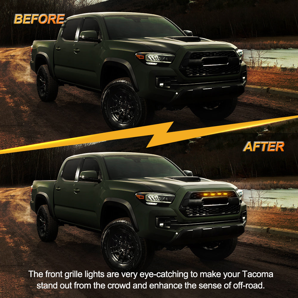 (4PCS/SET) LED FRONT GRILLE LIGHTS AMBER LIGHT FOR TOYOTA TACOMA 2020-2021 TRD OFF ROAD/TRD SPORT (SMOKED SHELL)