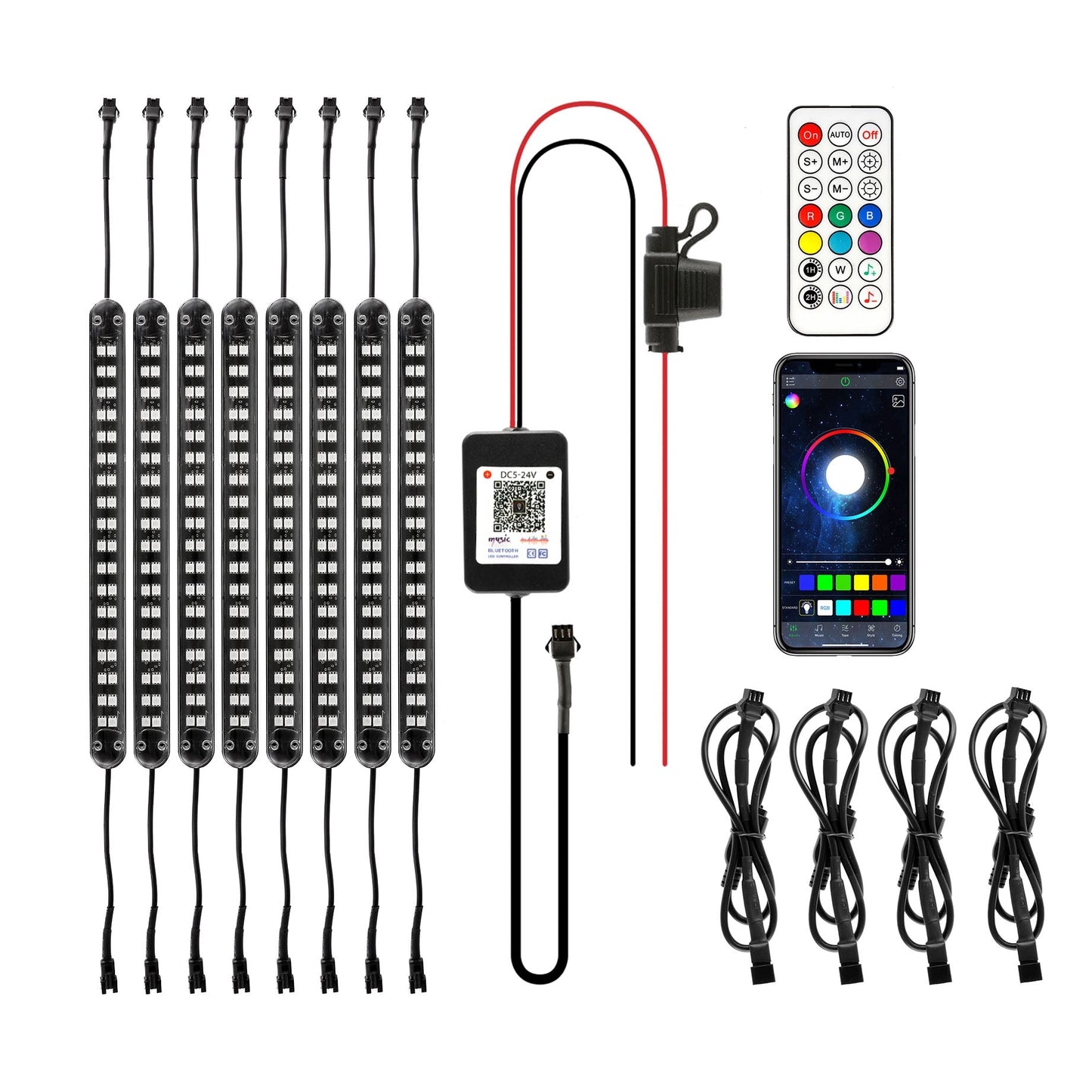 8 MAGIC DREAM COLOR RGB UNDERGLOW LIGHTS LED STRIP LIGHTS KIT WITH BLUETOOTH APP & WIRELESS REMOTE CONTROL WITH BRAKE LIGHT FUNCTION FOR ATV UTV