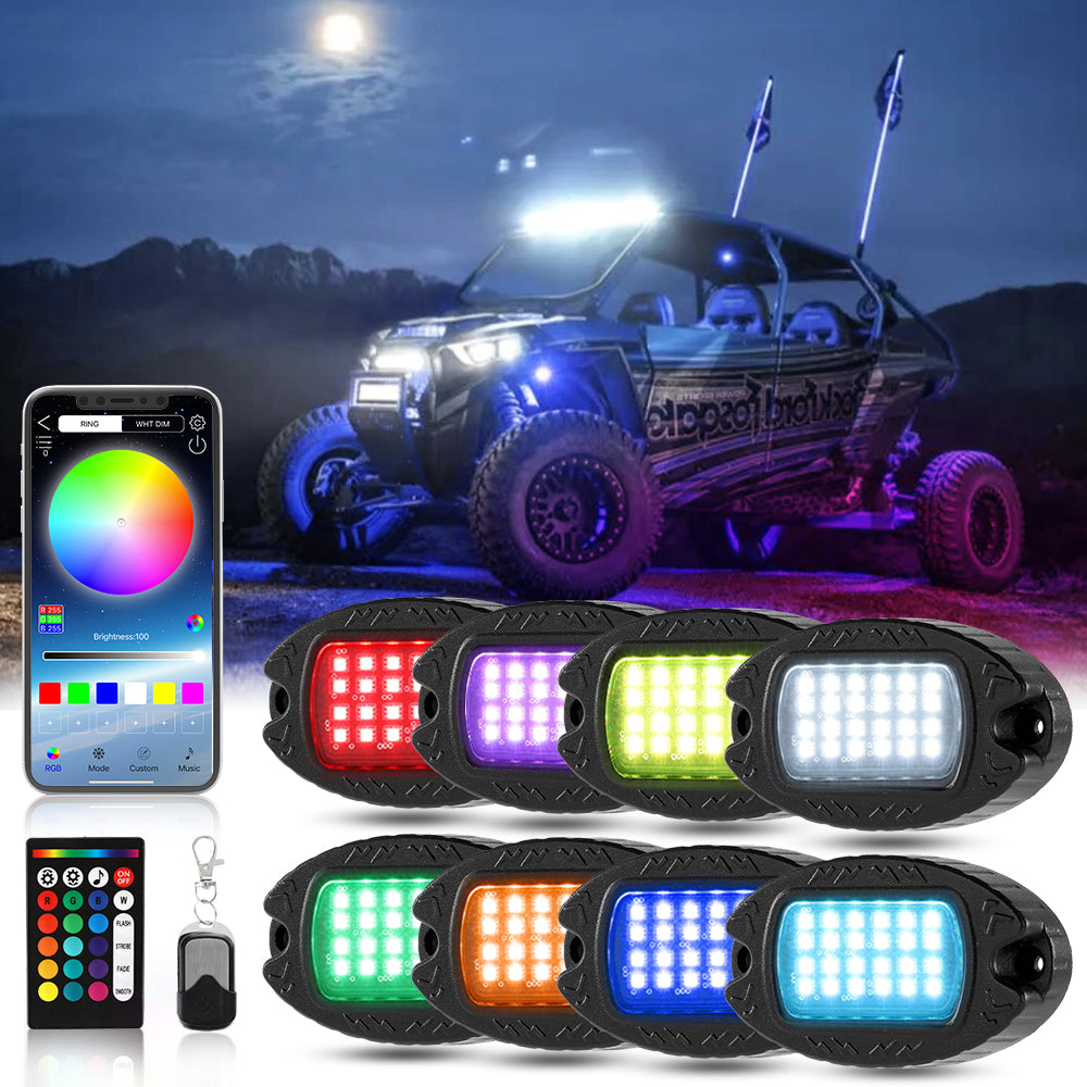 NEWEST! RGBW LED ROCK LIGHTS KIT WITH BLUETOOTH APP & WIRELESS REMOTE CONTROL, MULTICOLOR NEON UNDERGLOW LIGHTS WITH BRAKE LIGHT FUNCTION FOR ATV UTV