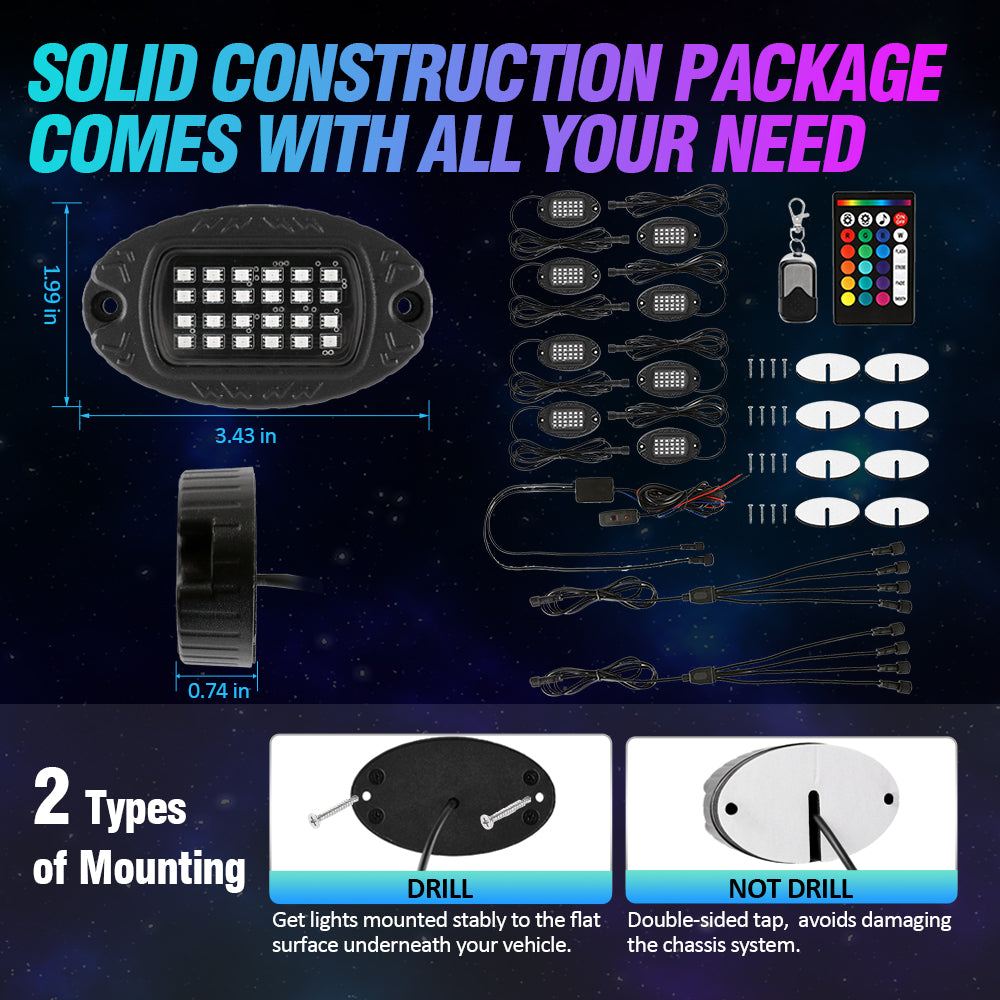 NEWEST! RGBW LED ROCK LIGHTS KIT WITH BLUETOOTH APP & WIRELESS REMOTE CONTROL, MULTICOLOR NEON UNDERGLOW LIGHTS WITH BRAKE LIGHT FUNCTION FOR ATV UTV