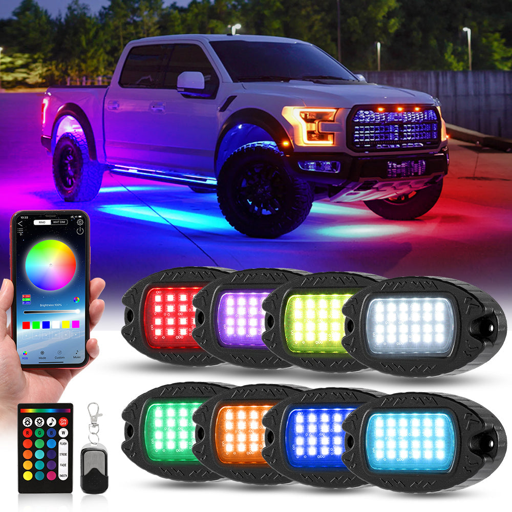 RGBW LED ROCK LIGHTS KIT WITH BLUETOOTH APP & WIRELESS REMOTE CONTROL, MULTICOLOR NEON UNDERGLOW LIGHTS WITH BRAKE LIGHT FUNCTION