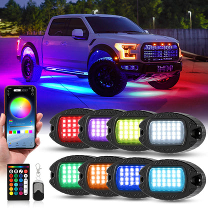 RGBW LED ROCK LIGHTS KIT WITH BLUETOOTH APP & WIRELESS REMOTE CONTROL, MULTICOLOR NEON UNDERGLOW LIGHTS WITH BRAKE LIGHT FUNCTION