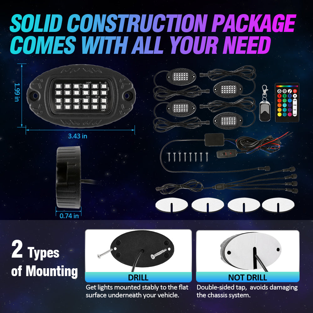 NEWEST! RGBW LED ROCK LIGHTS KIT WITH BLUETOOTH APP & WIRELESS REMOTE CONTROL, MULTICOLOR NEON UNDERGLOW LIGHTS WITH BRAKE LIGHT FUNCTION FOR ATV UTV
