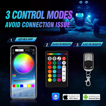 RGBW LED ROCK LIGHTS KIT WITH BLUETOOTH APP & WIRELESS REMOTE CONTROL, MULTICOLOR NEON UNDERGLOW LIGHTS WITH BRAKE LIGHT FUNCTION