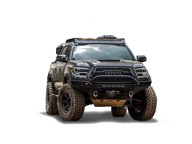 Prinsu Roof Rack with 40-Inch LED Light Bar Cutout Wind Deflector; Bare Aluminum (05-23 Tacoma Double Cab)