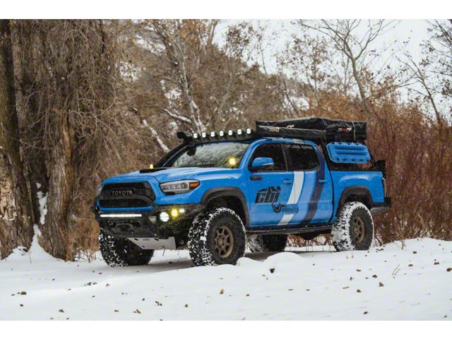 Prinsu Special Edition Roof Rack with LP4 Light Pod Cutout Wind Deflector; Black (05-23 Tacoma Double Cab w/ Desert Air Intake Snorkel)