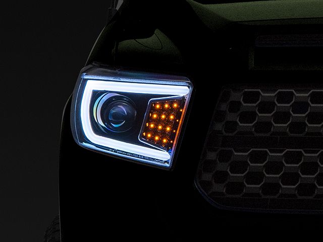 LED C-Bar Projector Headlights with Sequential Turn Signals; Gloss Black Housing; Smoked Lens (14-21 Tundra w/ Factory Halogen Headlights)
