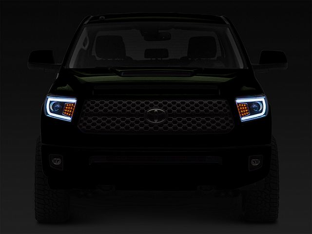 LED C-Bar Projector Headlights with Sequential Turn Signals; Gloss Black Housing; Smoked Lens (14-21 Tundra w/ Factory Halogen Headlights)