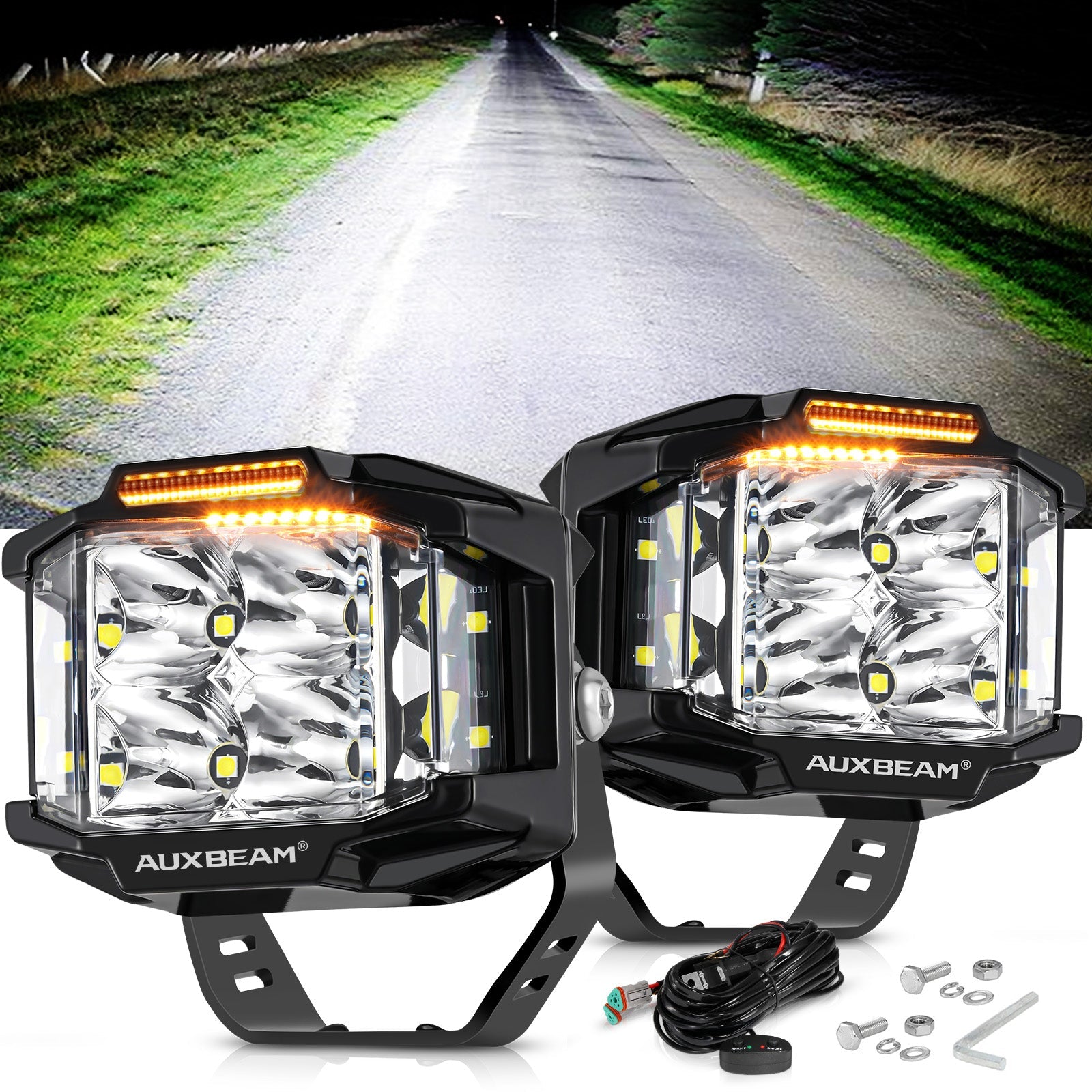 V-MAX SERIES | 4 INCH 92W 8960LM COMBO BEAM SIDE SHOOTER LED SQUARE POD LIGHTS WITH AMBER DRL