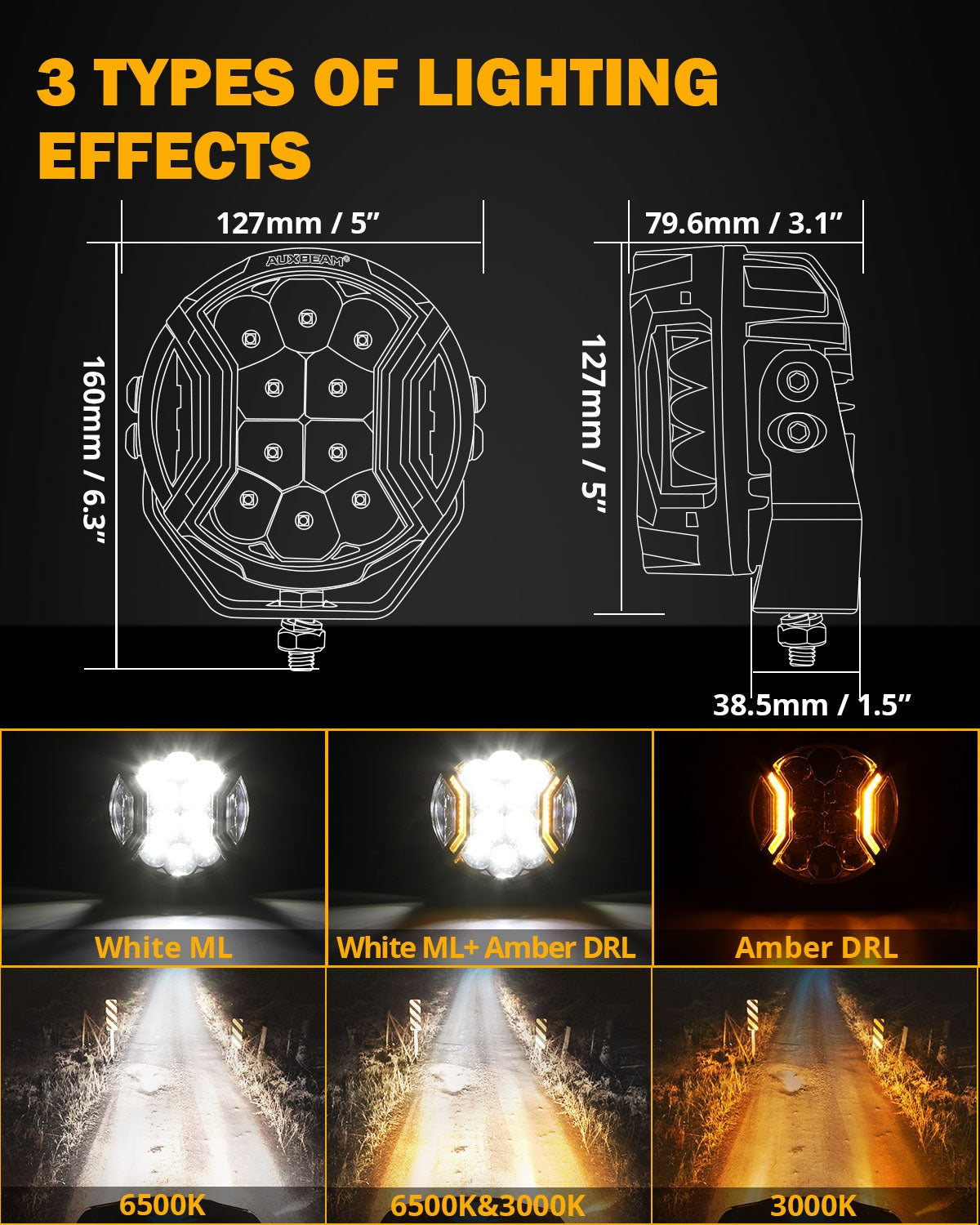 V-ULTRA SERIES 6 PCS 5 INCH 172W LED SIDE SHOOTER AMBER DRL WITH POWER HARNESS WHITE